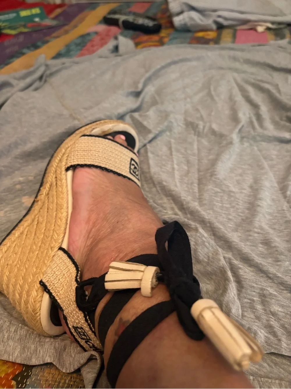 CHANEL Beige and Black Espadrille Lace-Up Sandals